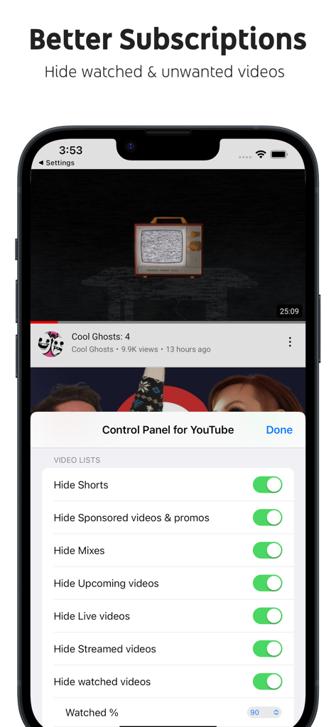 Interface of Control Panel for YouTube showing settings to hide shorts and sponsored videos on an iPhone.