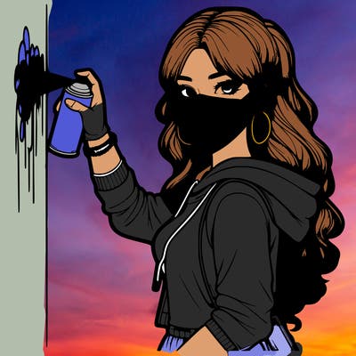 realistic girl with mask spray painting a wall