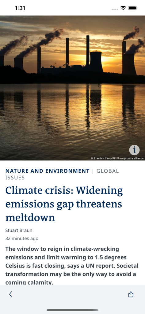 A news article in the DW app titled Climate crisis: Widening emissions gap threatens meltdown under the Nature and Environment section.