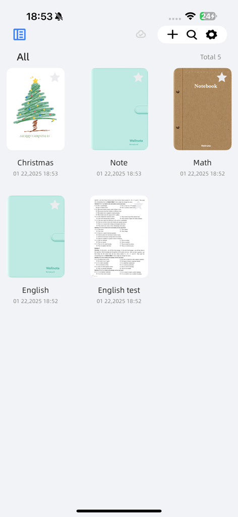 Dashboard dell'app Wellnote che mostra una collezione di taccuini e documenti digitali organizzati in una griglia.