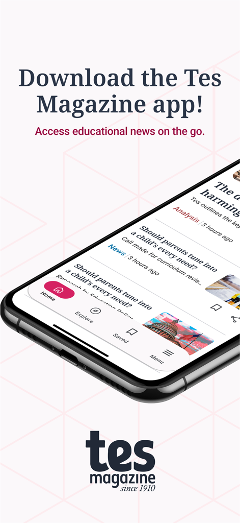 Interface do aplicativo Tes Magazine em um smartphone exibindo artigos de notícias educacionais