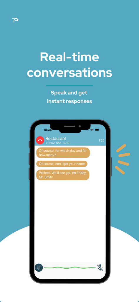 Pedius - Interface do aplicativo Pedius mostrando uma transcrição de chamada telefônica em tempo real com um restaurante em um smartphone