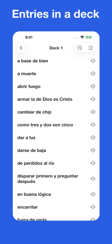 Spanish Idiom Dictionary - A list of Spanish idioms in a flashcard deck within the Spanish Idiom Dictionary app
