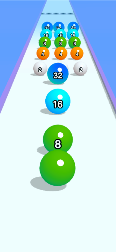 Des balles numérotées colorées disposées sur une piste 3D blanche dans le jeu mobile Ball Run 2048