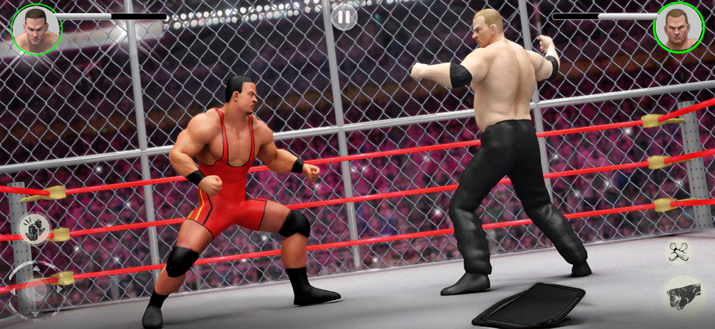 PRO Wrestling : Super Fight 3D - Two 3D wrestlers facing off in a steel cage match in the Pro Wrestling Super Fight mobile game