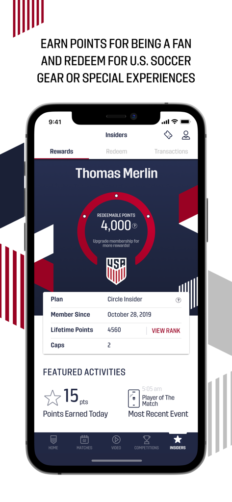 U.S. Soccer – Official App - Official U.S. Soccer app showing the Insiders rewards dashboard and loyalty points