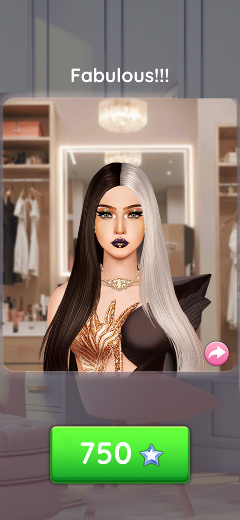 Makeover Artist: Makeup games - A stylized character with split black and white hair and bold makeup from the Makeover Artist app