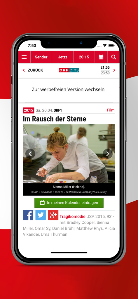 tvheute TV Programm Österreich - Screenshot of the tvheute app showing details for the movie Im Rausch der Sterne on channel ORF1
