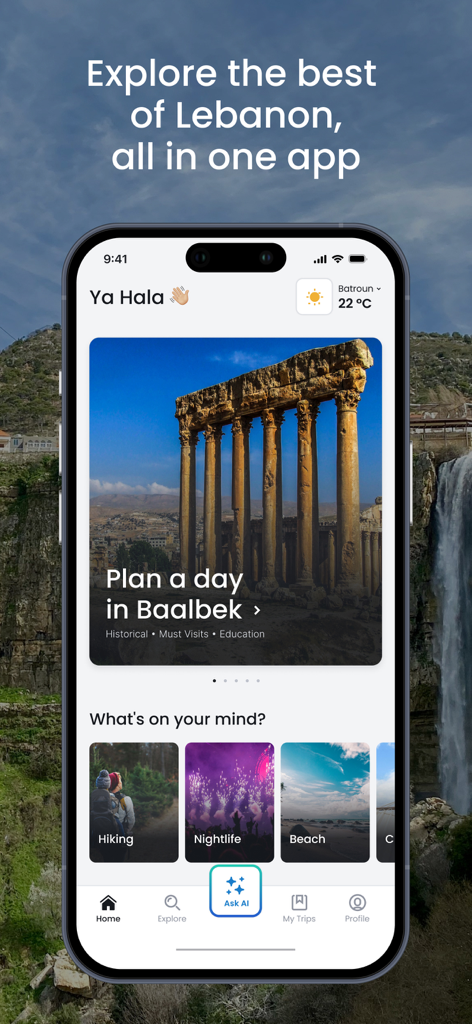 Ministry of Tourism Lebanon - Ministry of Tourism Lebanon app home screen showing travel itineraries and local attractions like Baalbek