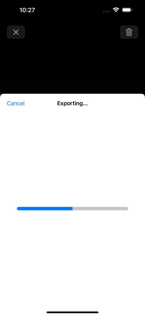 Una barra de progreso que muestra el estado de exportación del vídeo en la aplicación Spatial Video Converter