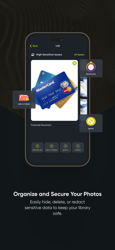 Privacy Guard: Photos & Docs - Privacy Guard app interface identifying sensitive financial photos with options to hide or delete.