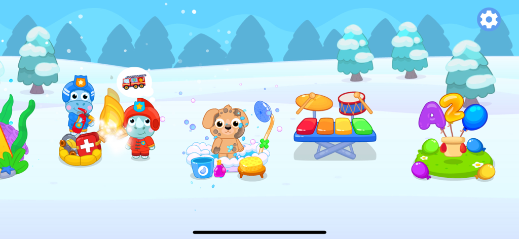 Interfaz de la aplicación KoKids que muestra varios minijuegos educativos como cuidado de animales, música y letras en un paisaje invernal