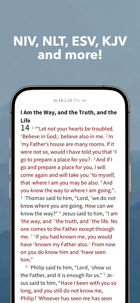 Olive Tree Bible app interface showing scripture from the ESV translation with a headline featuring NIV NLT ESV and KJV translations