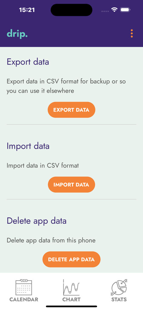 Drip app interface for managing menstrual cycle data with options to export import and delete information locally