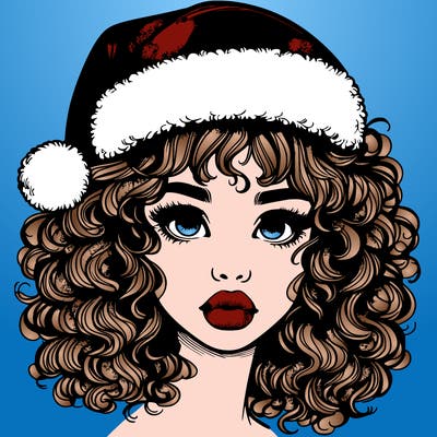 realistic girl with a santa hat curly hair and lips