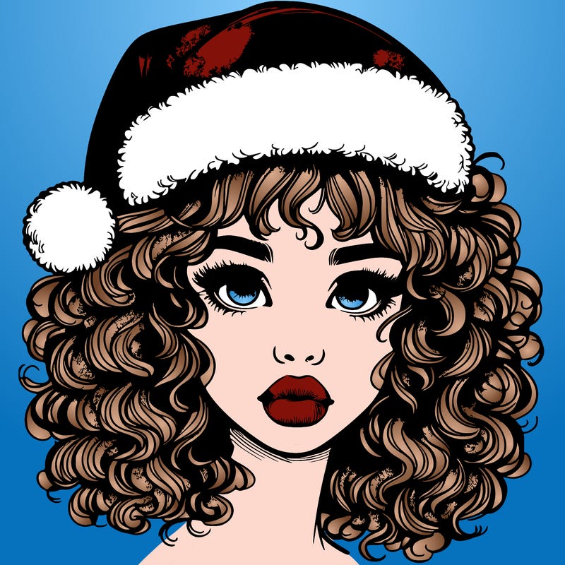 realistic girl with a santa hat curly hair and lips