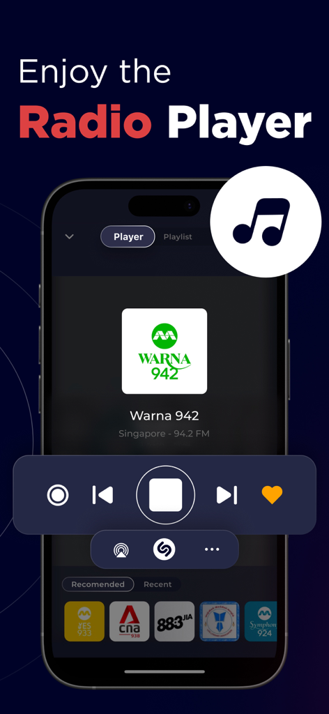 Radio player interface of the Radio Singapore FM Live Online app playing the Warna 942 station