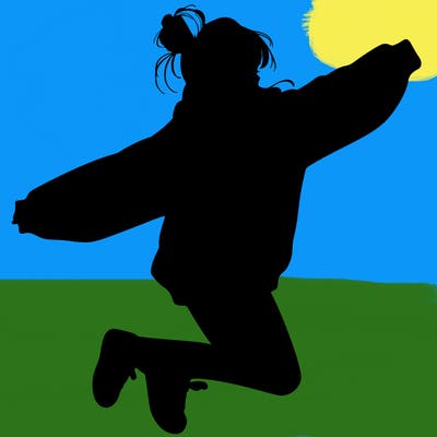 realistic girl jumping with a bun and oversized sweatshirt