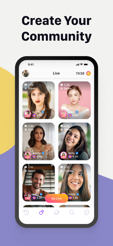 A mobile phone screen displaying the Joi app live stream grid with various creators and a Go Live button