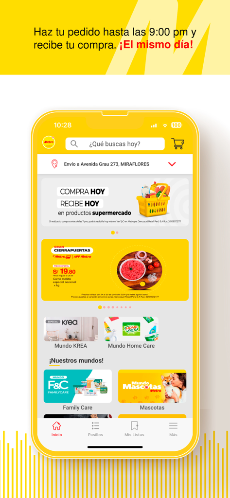 Supermercados Metro - Home screen of the Supermercados Metro app showing product categories and shopping promotions