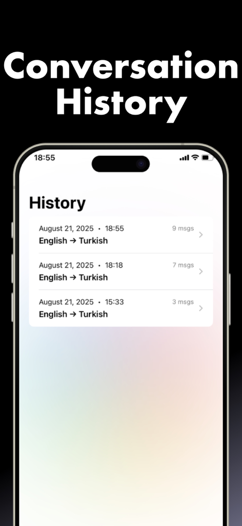 Vox AI: Real Time Translator - A smartphone screen displaying the conversation history feature of the Vox AI translator app.