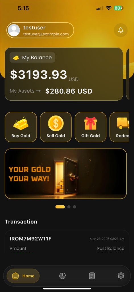 24k X Gold - Pantalla de inicio de la aplicación 24k X Gold que muestra el saldo del usuario y las opciones de trading de oro