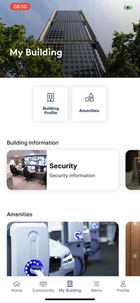 EPIC by ISPT - EPIC by ISPT app screen showing building profile, security information, and office amenities.