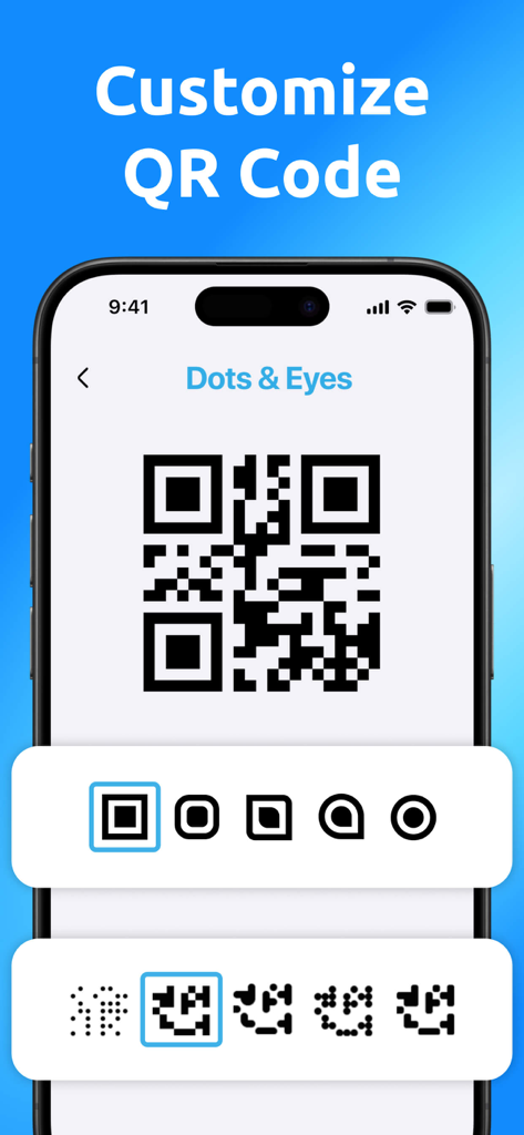 QR Code Generator Pro‎ - Oberfläche, die Anpassungsoptionen für QR-Code-Punkte und Augenmuster zeigt