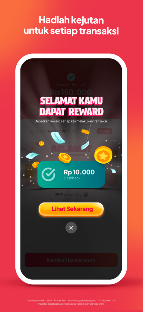 YUP - Kredit Belanja Bunga 0%* - A smartphone screen showing a cashback reward notification on the YUP financial app interface.