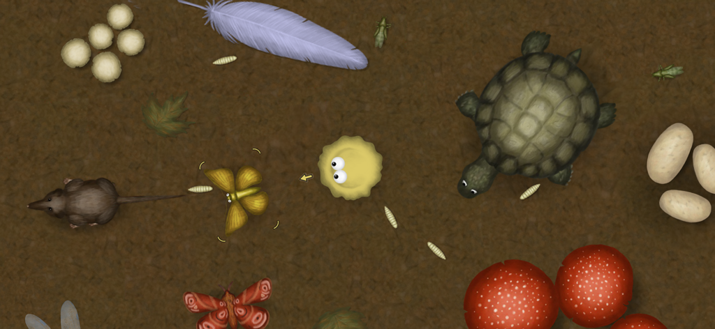 Tasty Planet: Back for Seconds - A yellow blob character in Tasty Planet Back for Seconds surrounded by animals and objects to eat like a turtle and a butterfly