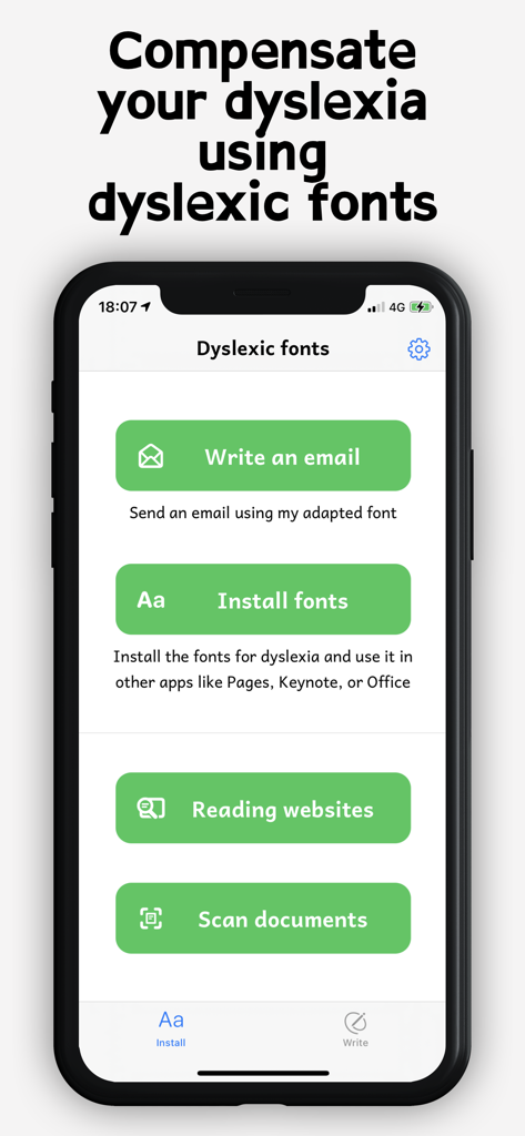 Dyslexia fonts - ディスレクシアフォントアプリのメイン画面。フォントのインストールやメール作成のメニューオプションが表示されている。