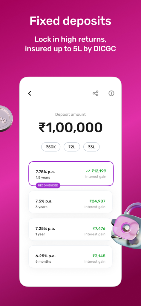 Slice app mobile interface showing different fixed deposit interest rates and investment durations