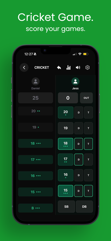 Darts Scoreboard: Darts Scorer - Cricket-Spiel-Scoring-Oberfläche in der Darts Scoreboard App, die die Spielstandsverfolgung für zwei Spieler anzeigt.