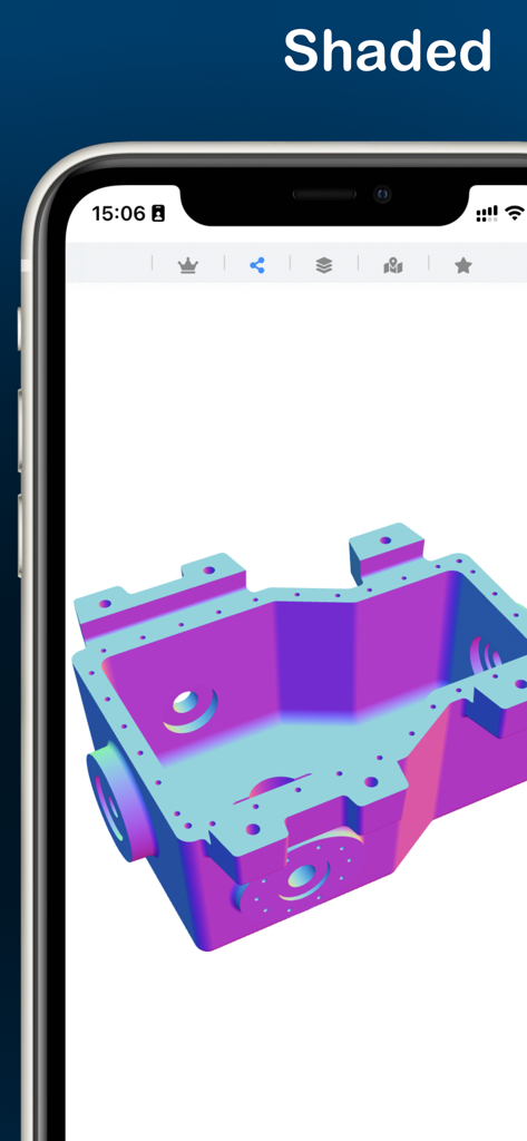 STEPファイルビューアアプリインターフェースでシェーディングされた3D機械部品のビュー。