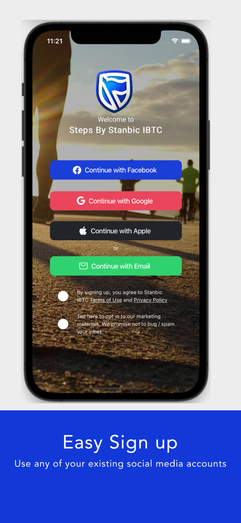 Easy sign up screen for Steps By Stanbic IBTC mobile app with social media login options