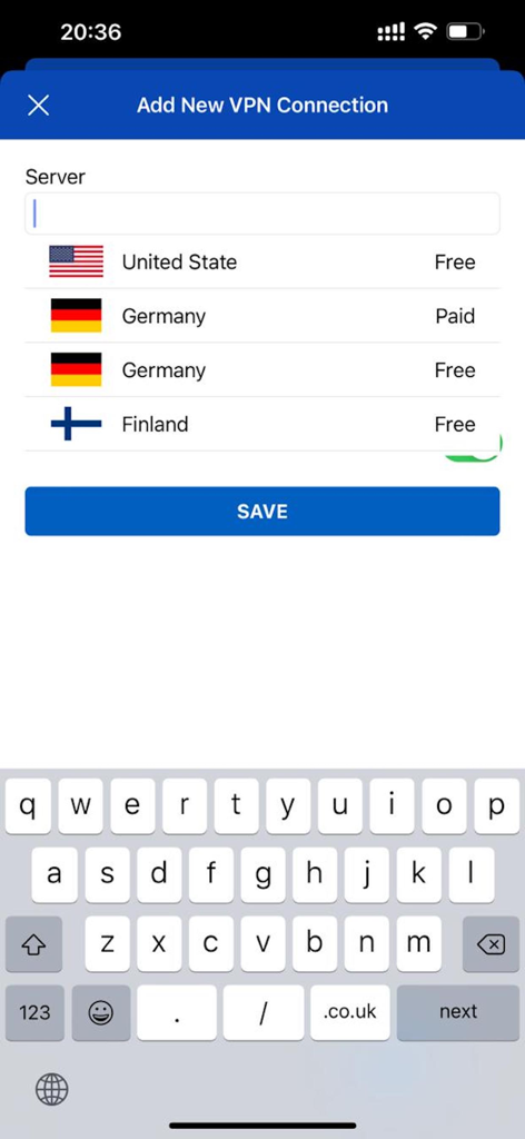 Pantalla de Añadir Nueva Conexión VPN en la app IKEv2 mostrando una lista de servidores gratuitos y de pago de diferentes países