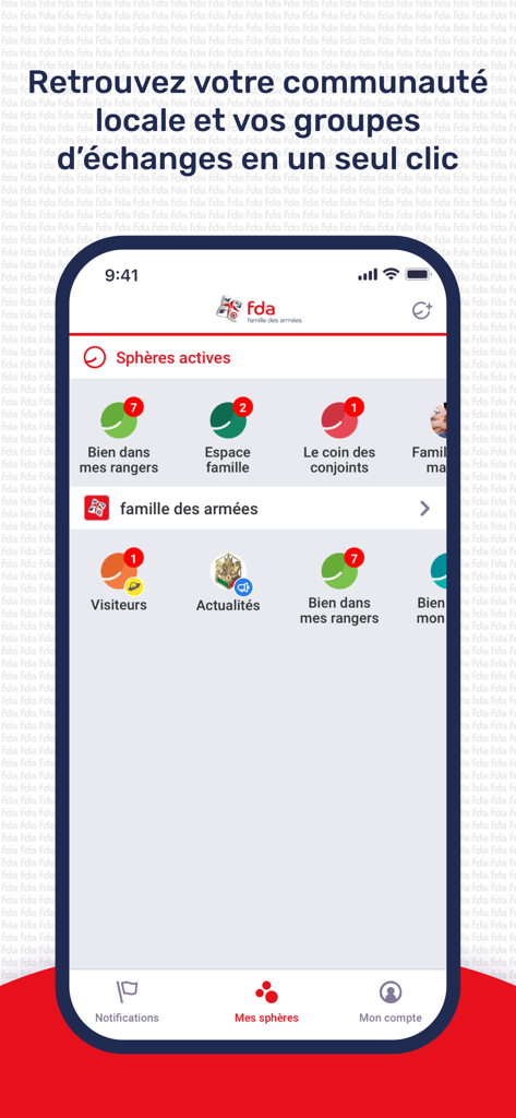 Famille des armées - Interfaz de la aplicación Famille des armées mostrando esferas comunitarias activas para miembros militares y sus familias.