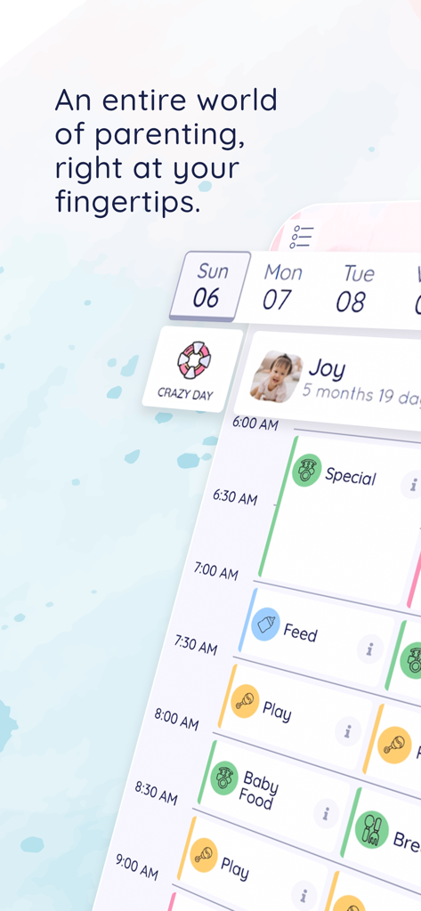 Interface of the Moms on Call Scheduler app showing a detailed daily timeline for a 5 month old baby including feeding play and food times