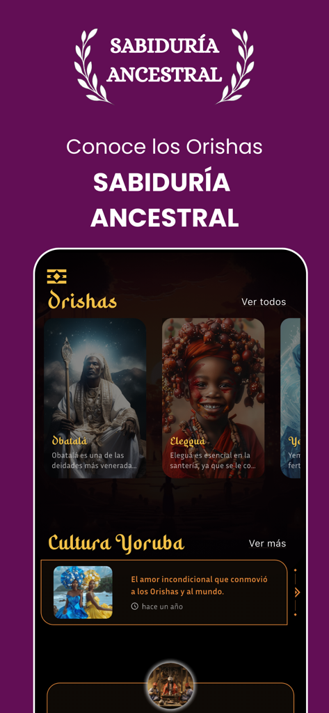 Yoruba App – Cultura Ifá - Pantalla de Yoruba App mostrando perfiles de Orishas y artículos de sabiduría ancestral