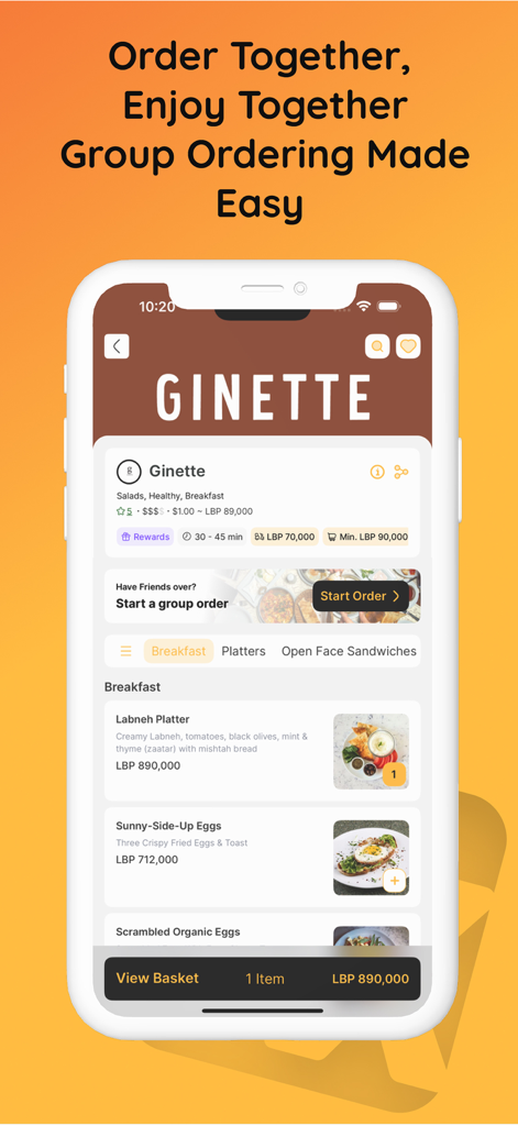 Interface de l'application LYXA montrant la fonction de commande de groupe pour un menu de restaurant.