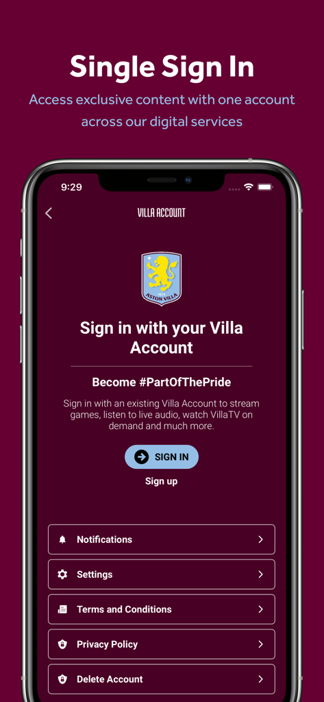 Aston Villa FC - 빌라 계정 통합 로그인을 위한 애스턴 빌라 FC 공식 앱 로그인 화면.