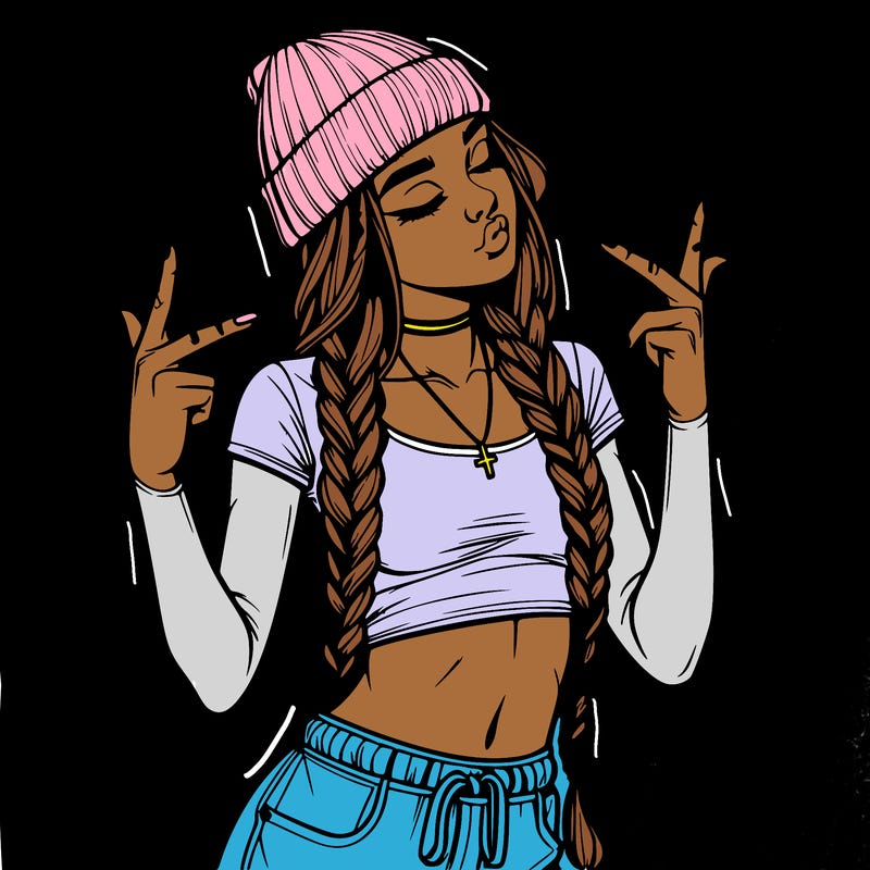 realistic teenage girl with braids and a beanie and crop top doing 🫶🏼