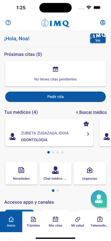 Dashboard of the IMQ health insurance mobile app showing appointment scheduling and doctor contact options