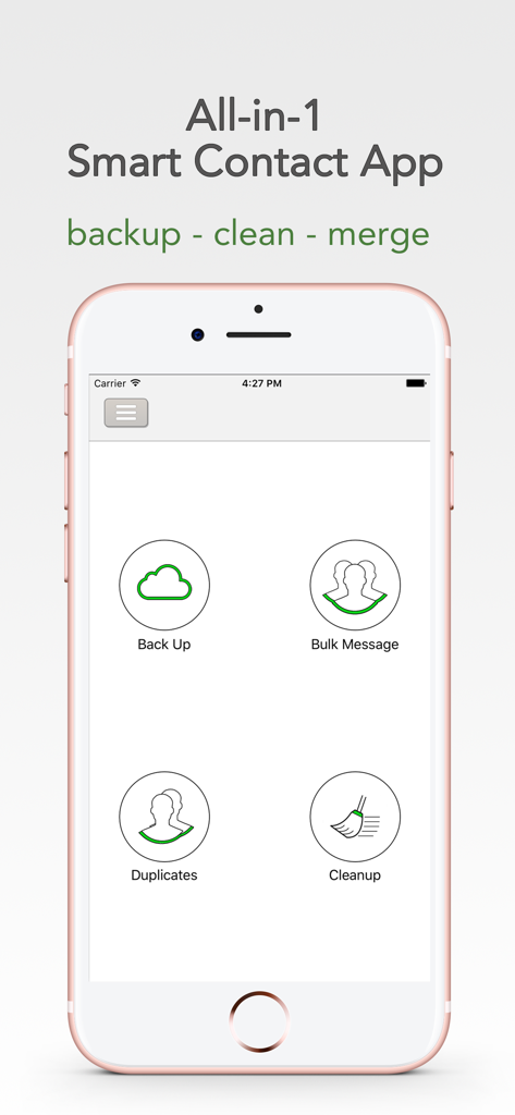 My Contacts Editor + - Main dashboard of My Contacts Editor Plus showing backup cleanup and merge options