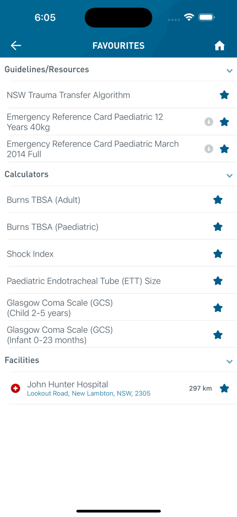 NSW Trauma - Favourites screen in the NSW Trauma app showing saved medical guidelines, clinical calculators, and hospital facilities.