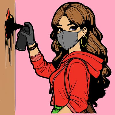 realistic girl with mask spray painting a wall