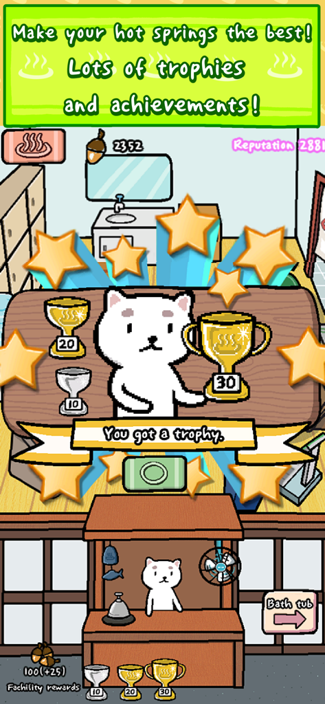 A cute white cat character celebrating winning trophies and achievements in Animal Hot Springs