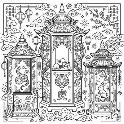 Embrace the spirit of Lunar New Year with this beautifully detailed coloring page featuring three ornate reliquaries. Adorned with dragons, zodiac animals, and traditional symbols, this design offers a captivating artistic journey.
