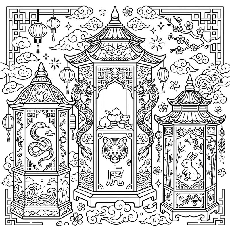 Embrace the spirit of Lunar New Year with this beautifully detailed coloring page featuring three ornate reliquaries. Adorned with dragons, zodiac animals, and traditional symbols, this design offers a captivating artistic journey.