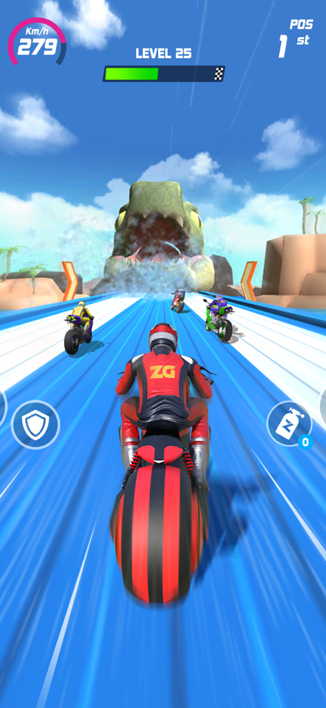 Moto Race: Racing Game - Une moto courant à haute vitesse à travers une tête de crocodile géante sur une piste bleue